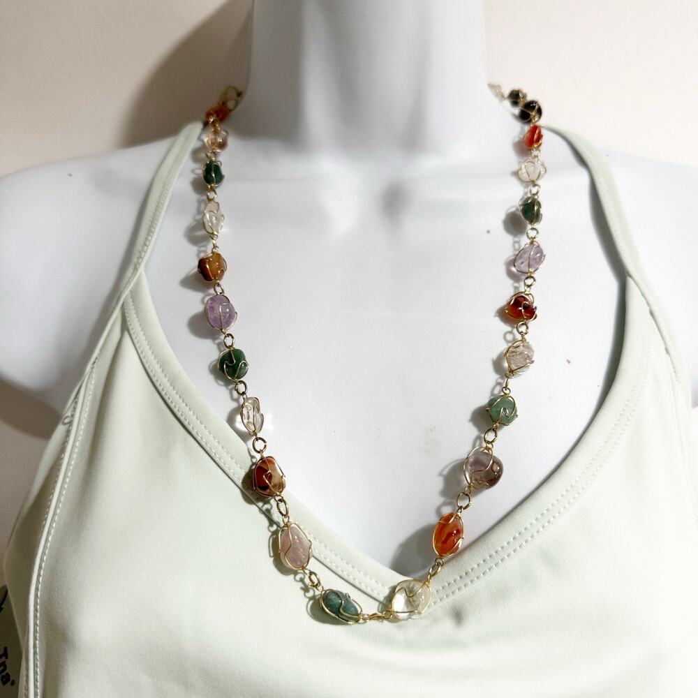 VINTAGE 1960-70'S ARTISAN CRAFTED CAGED SEMI=PRECIOUS GEMSTONE NECKLACE 12” Drop - Picture 5 of 5